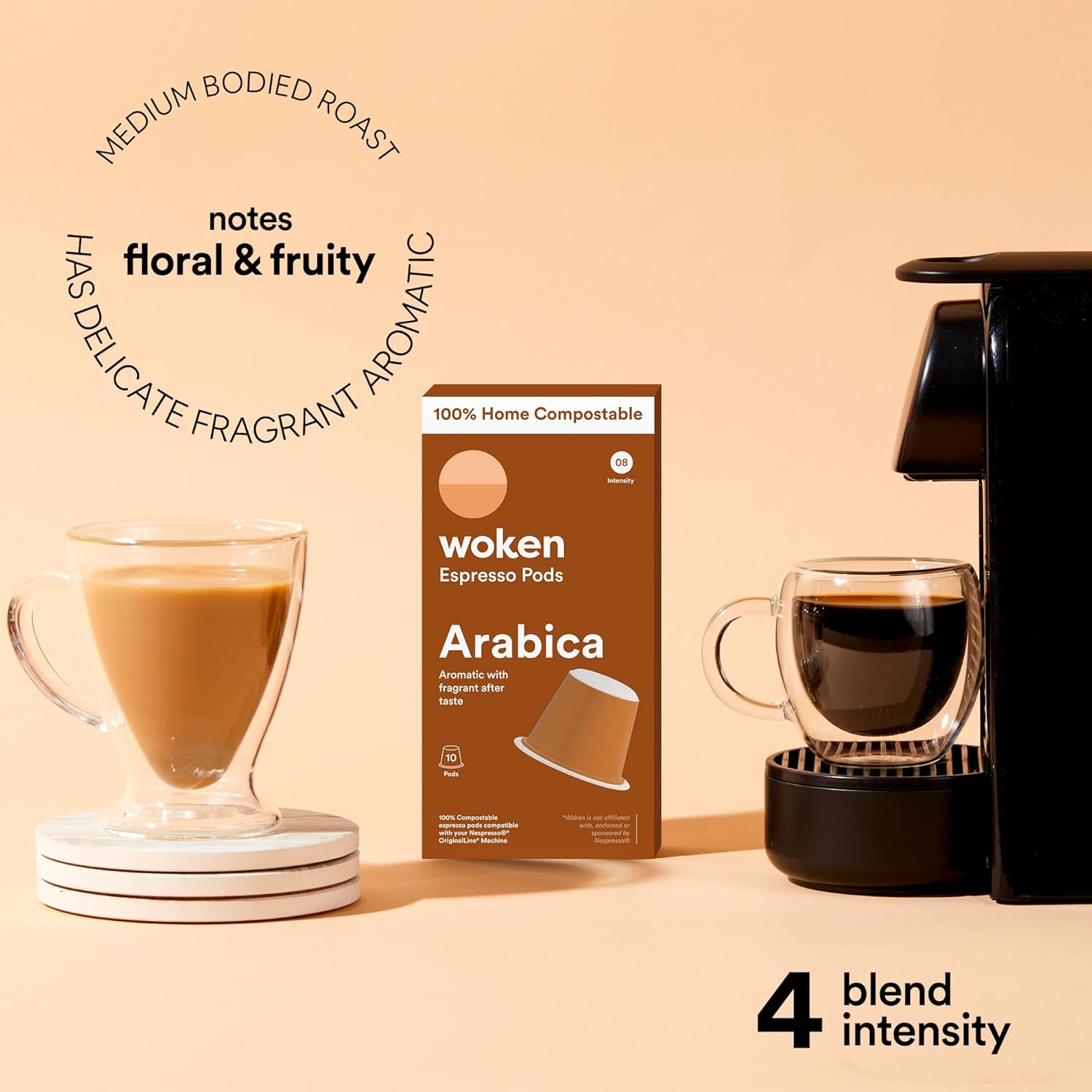 WOKEN COFFEE Compostable Nespresso Pods - Arabica Medium Roast Italian Espresso Coffee Capsules Compatible With Nespresso Coffee Machine (60 Pod Count, 6 Boxes)