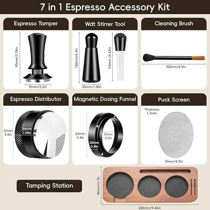 7 Pcs 51mm Espresso Tamper Tools Accessories Kit for Coffee WDT Tool Accessories Set Coffee Tamper Set with Wood Espresso Tamping Station Distributor Dosing Funnel Stirrer Brush Puck Screen -51mm