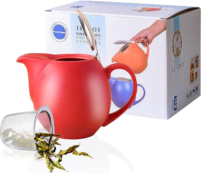Yundu 32 ounce Red Porcelain Tea Pot - Stainless Steel Lid and Fine Infuser To Brew Loose Leaf Tea, Enough For 4 Cups