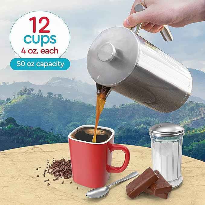 Belwares French Press Coffee Maker 50 oz - Large 304 Stainless Steel Double Wall Insulated Thermal Coffee Press for Home Kitchen, 4-Level Filtration with Extra Screens, Dishwasher Safe, 1.5L, Silver