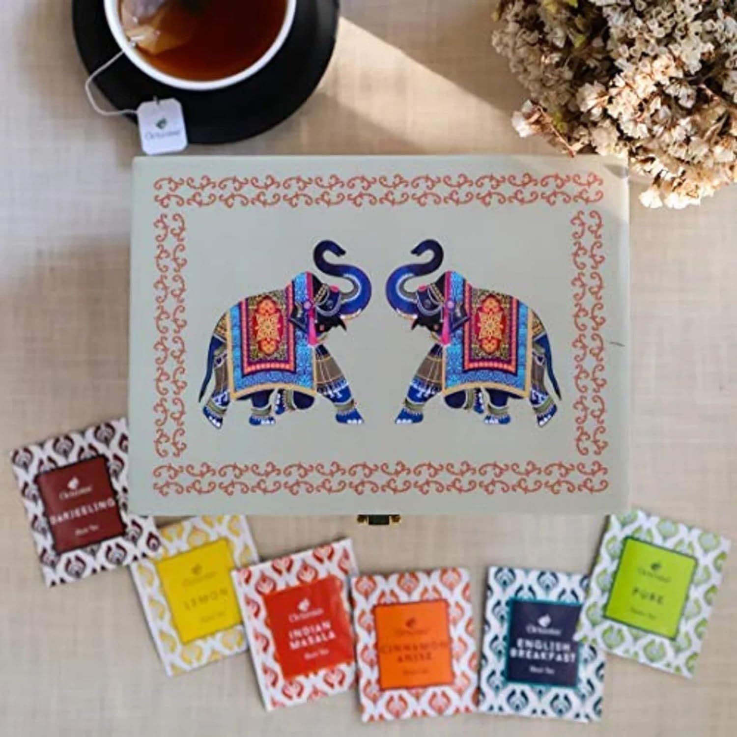 Octavius Gift's Select - Assorted Tea in Elephant Printed Wooden Box | 6 Flavors, 90 Tea Bags | Black & Green | Tea Gifts for Women & Men | Tea Variety Pack Gift Box