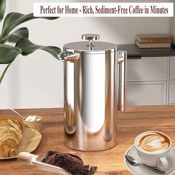 French Press Coffee Maker, 34 Oz Stainless Steel, Triple Mesh Filter, Double Wall Insulated, for Coffee & Tea, Portable for Home, Office, Camping & Travel