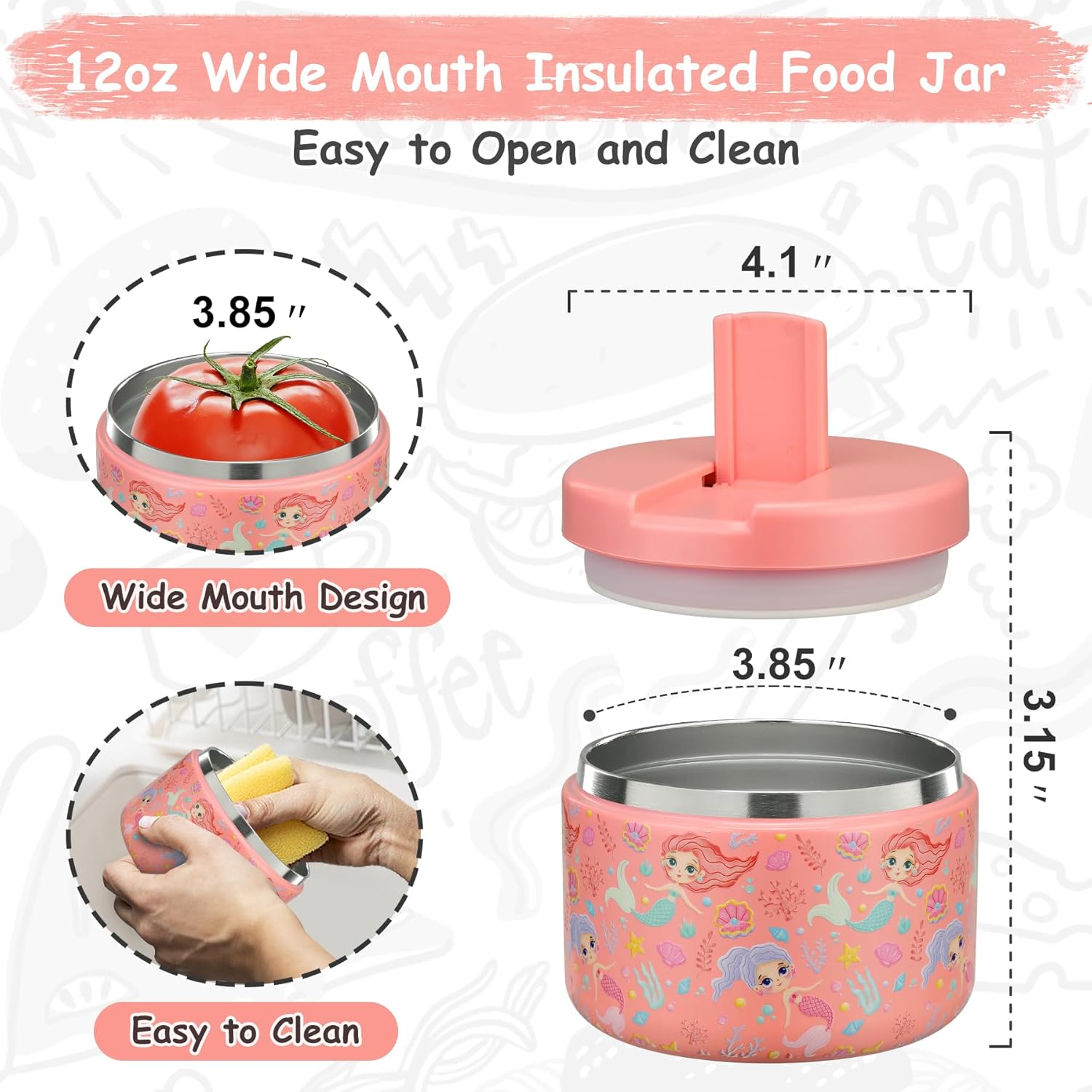 12oz Insulated Vacuum Food Jar with Buckle Lid Wide Mouth Soup Thermo for Hot Food Kids Leakproof Stainless Steel Lunch Container (mermaid) - Blissbrew