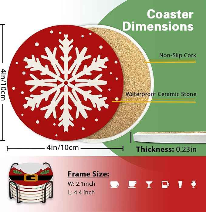 Christmas Cute Drink Coasters with Holder Set of 6, Xmas Tree Santa Claus Absorbent Ceramic Cup Mat for Coffee Table Protection, 4 Inches Winter Holiday Home Kitchen Decor Housewarming Gifts