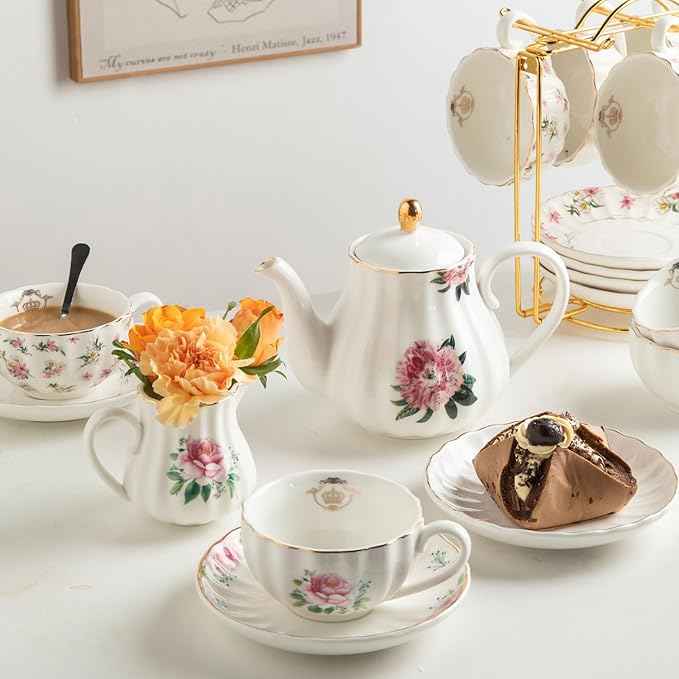 Sweejar Porcelain Tea Sets British Royal Series, 8 OZ Cups & Saucer Service for 6, with Teapot Sugar Bowl Cream Pitcher Teaspoons and Tea Strainer, Suitable for High Tea, Wedding, Party