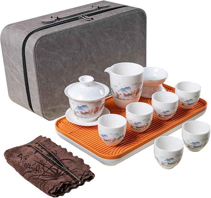 KEYDUACU Gaiwan Chinese Gongfu Tea Set，Asian Adult White Ceramic Tea Set, 6 Cups Suitable for Small Gatherings, Home, Office and Travelling, Gift Giving.(Traveling-Wild Goose)