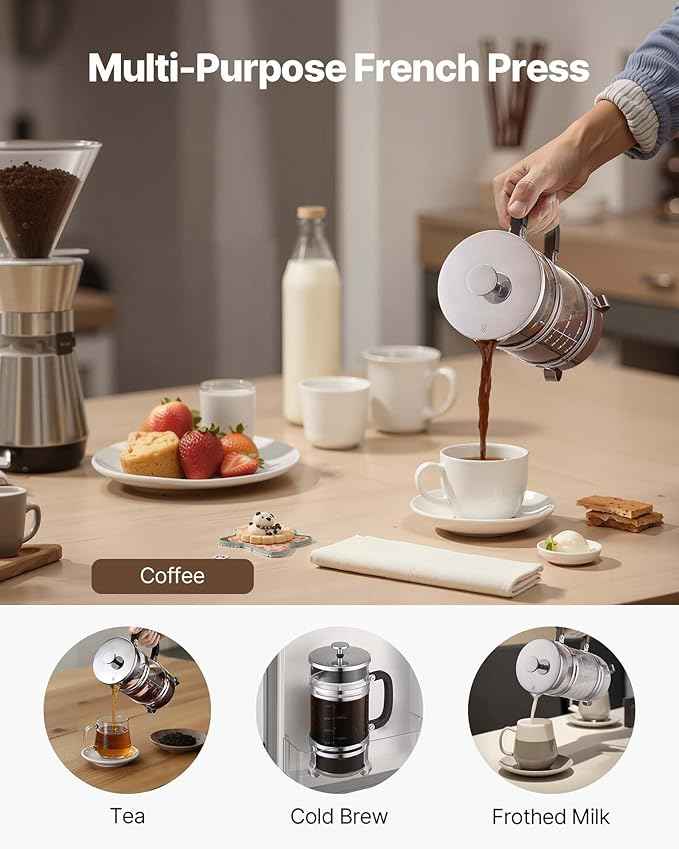 VEVOR French Press Coffee Maker, 34 Ounce 1 Liter Borosilicate Glass Coffee Press Tea Maker with Stainless Steel Filter, Large Glass French Presses Cold Brew for Camping Travel Home Kitchen, Silver