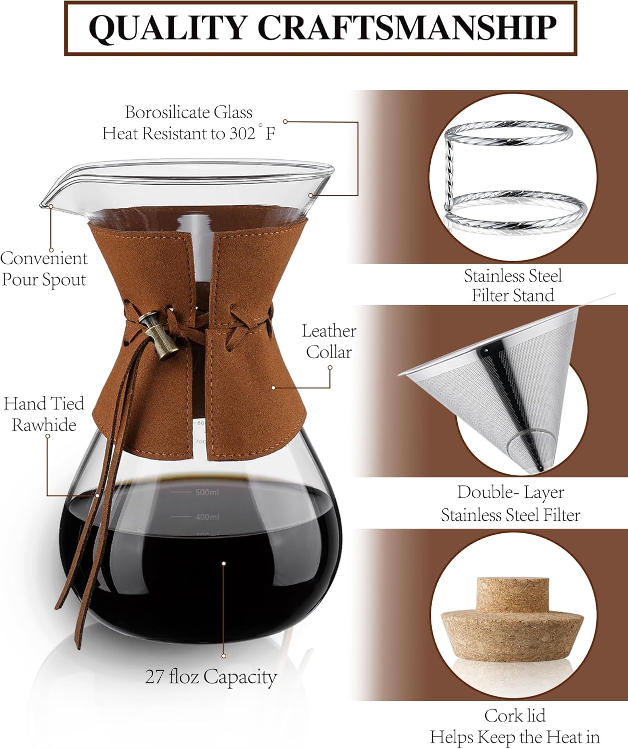 Pour Over Coffee Maker with Double-Layer Stainless Steel Filter - 27 oz Pour Over Coffee Dripper with Leather Collar, Heat Resistant 5 Cups Glass Coffee Carafe with Cork Lid for Hand Brewing Lovers - Blissbrew