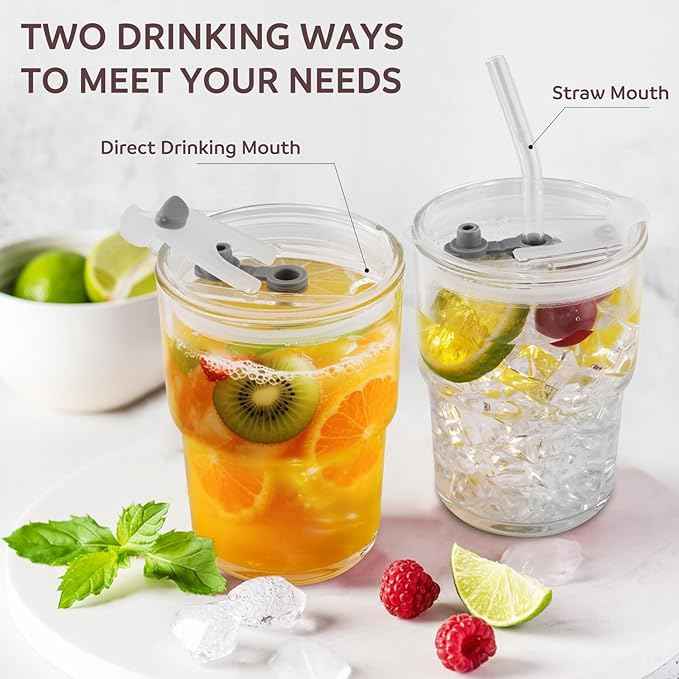 Glass Cups With Lids And Straws, Matcha Cup, Iced Coffee Cup,13Oz/400ml Iced Coffee Glasses Tumbler, Thick Wall Glass Mug For Tea Water, Cute Chirstmas Gifts (Clear,1PCS)