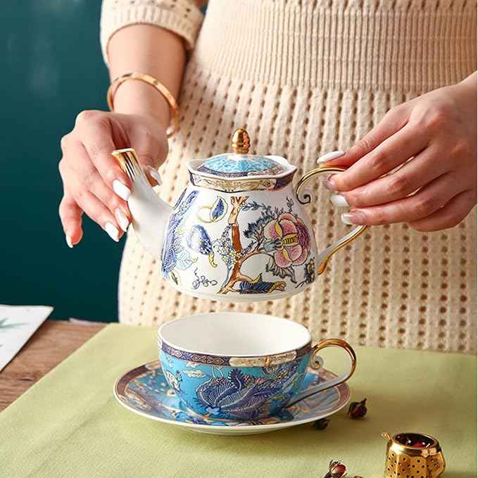 Generic 3 Pieces,Ceramic Blue Birds and Flowers Tea for One Set, Luxury Pot Tea Cup and Saucer Set with Teapot, for Room Decoration Party Service,Gift Package