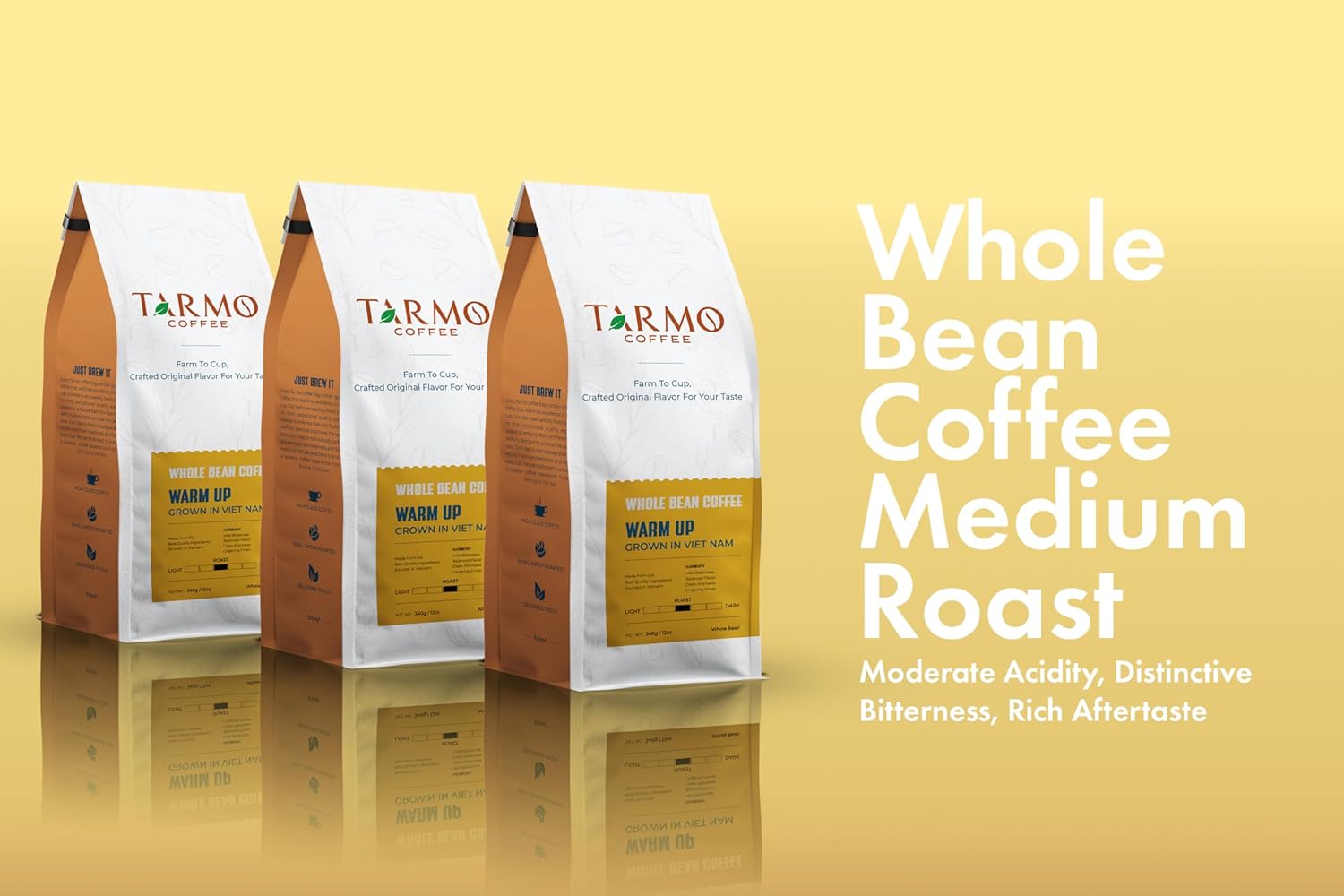 TARMO - WARM UP | Low Acid 100% ROBUSTA Whole Bean Coffee | Specialty Vietnamese Coffee | Single Origin Medium Roast Coffee Beans | 12 Oz Bag