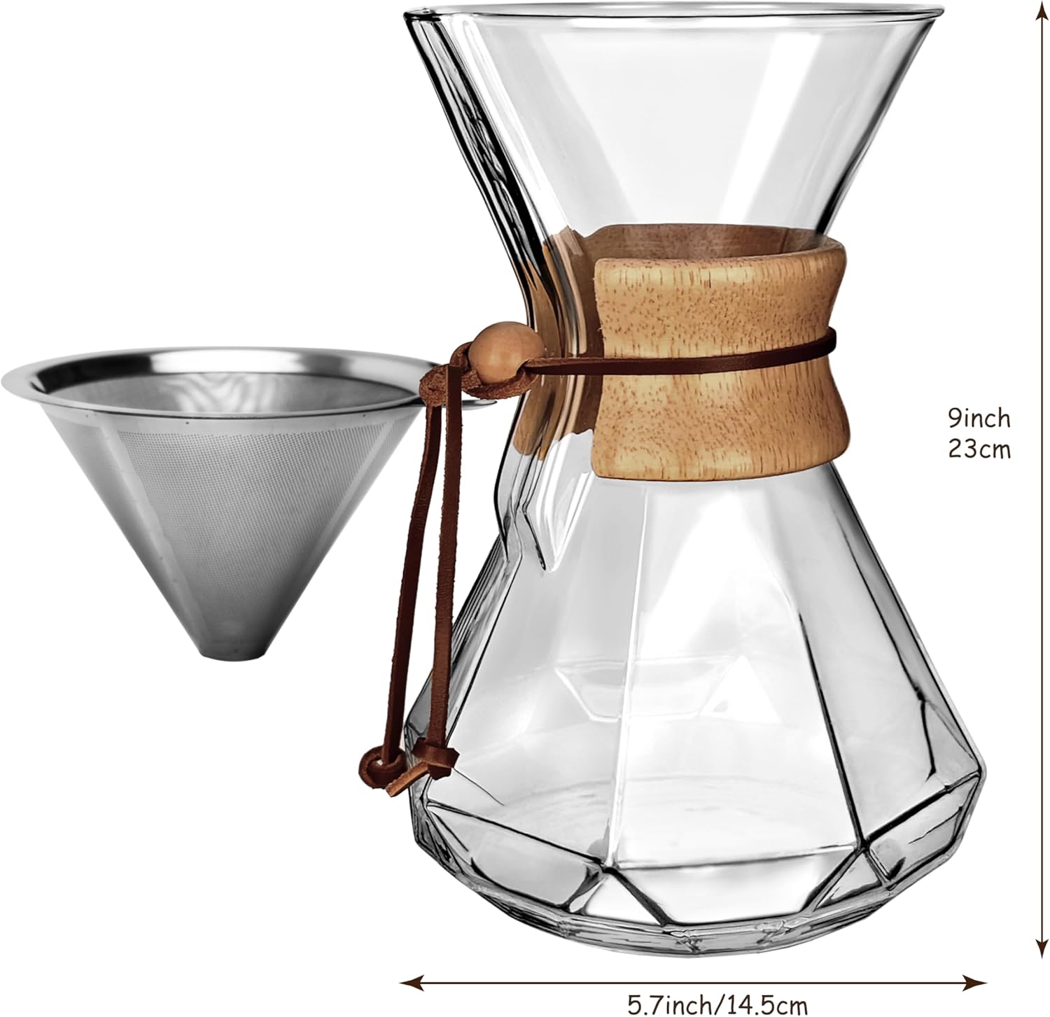 AGOGO Pour Over Coffee Maker Glass - 6/8/10 Cup Barista Kit with 304 Stainless Filter for Home, Office, Camping, Cafes - Easy Clean Coffee Dripper Set (Rag&Brush Included) (10 Cup/34 oz-Diamond Shape) - Blissbrew