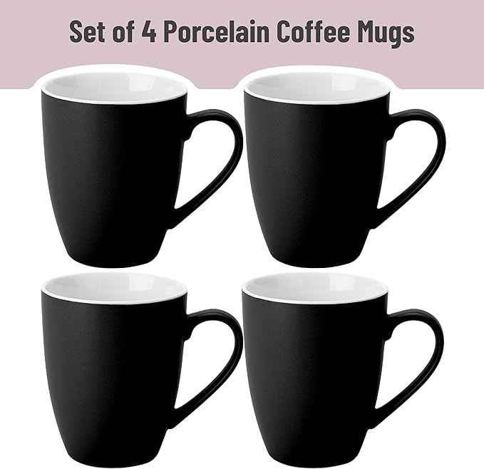 BTaT- Porcelain Coffee Mugs Set, 16 Ounces, 4 Pack, Black Ceramic Coffee Mugs with Handle, Restaurant Cups for Mocha, Tea, Cappuccino, Cocoa, Cereal, Mug Gift Set, Dishwasher and Microwave Safe