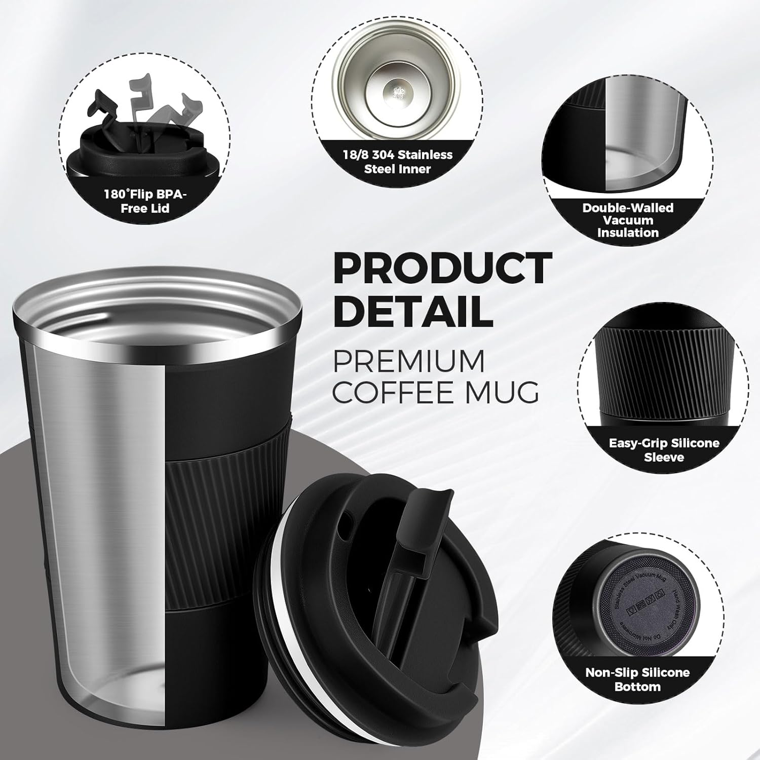 Volhoply 13 oz Stainless Steel Insulated Travel Coffee Mug with Fip Lid Bulk 8 Pack,Reusable Double Wall Vacuum Metal Coffee Cup,Portable Leak Proof Thermal Tumbler for Hot & Cold Drinks(Black,8)