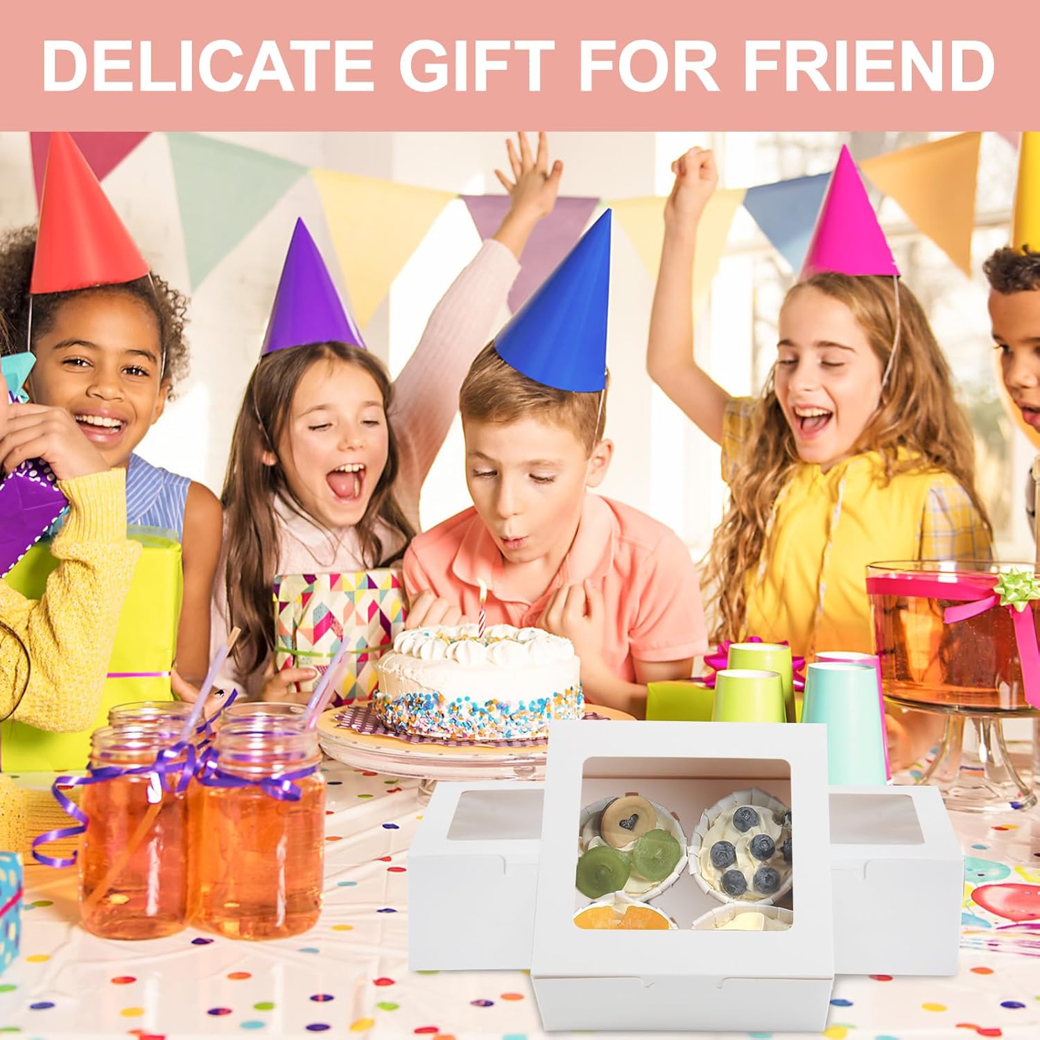 OAMCEG 50 PCS White Cupcake Boxes with Window and Insert, 6x6x3 Inch Kraft Treat Boxes with 4 Cavity for Cookies, Pastries, Desserts, with Stickers & Jute Twine