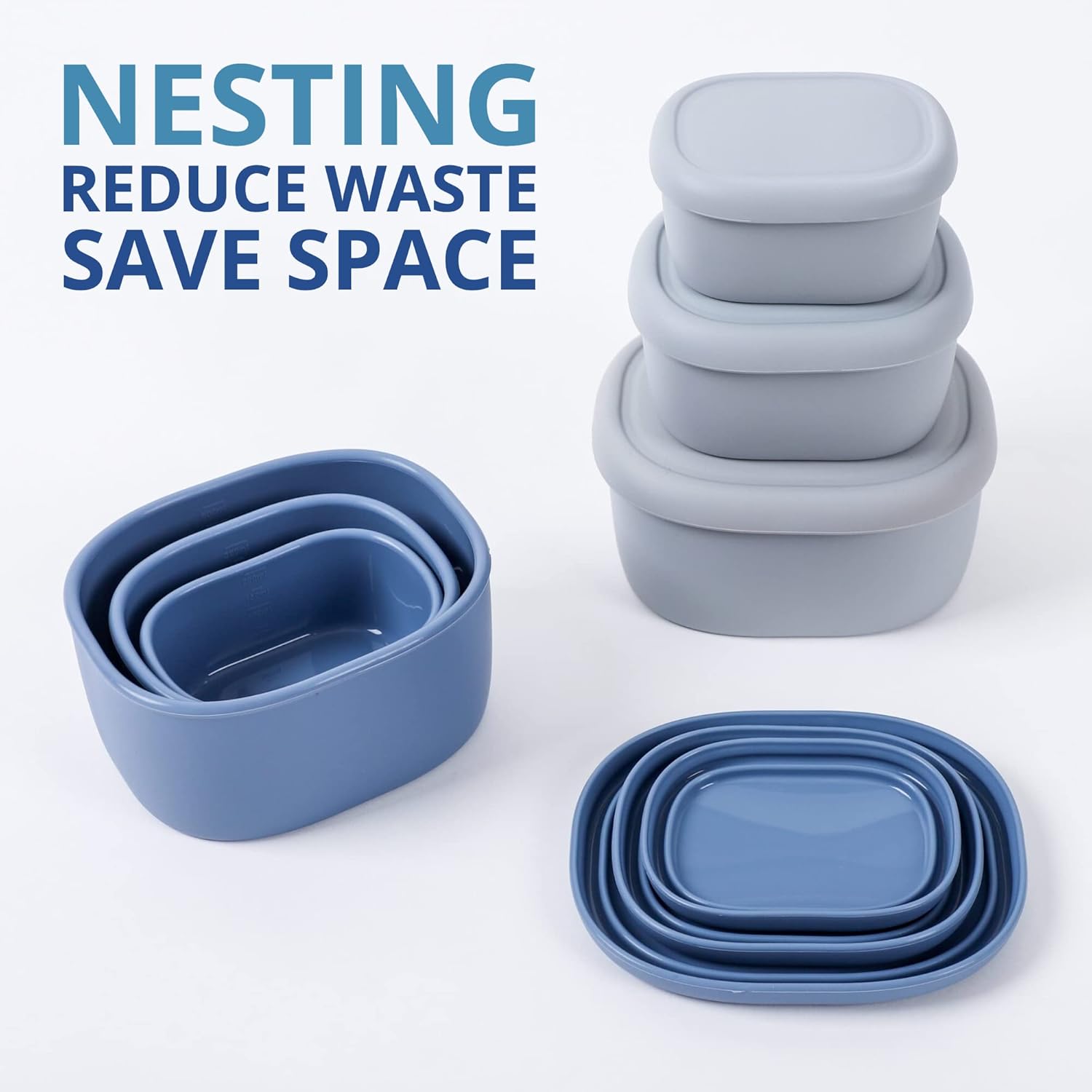 BLUE GINKGO Nesting Silicone Containers - Set of 3 Hard-Shell Silicone Food Storage Containers | BPA Free, Airtight, Dishwasher and Freezer Safe (6.7oz, 10oz, 20oz) - Blue - Blissbrew