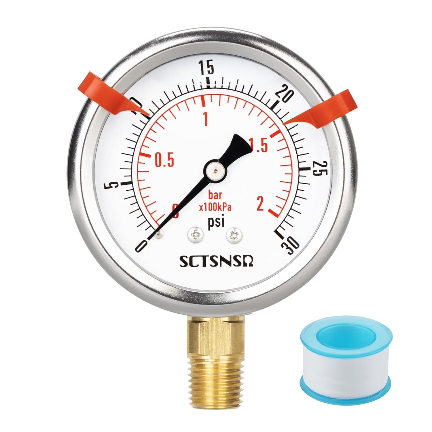 0 to 30 Psi Pressure Gauge, Glycerin Liquid Filled, 2.5 inch Dial, 1/4