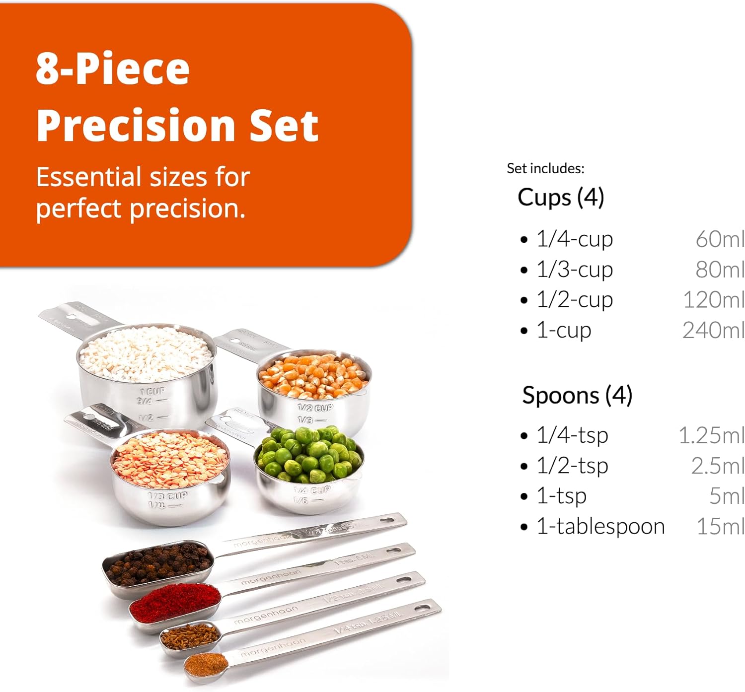 Premium 304 Stainless Steel Measuring Kit - 8-Piece Essential Cups and Spoons for Everyday Use, Stackable & Durable