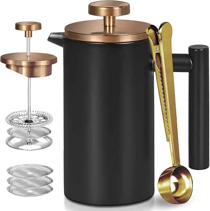Black Stainless Steel French Press Coffee Maker, Double Wall Insulated French Press,for Coffee&Tea,with 3 Extra Screens and a Coffee Spoon,50oz/1500ml,Gold
