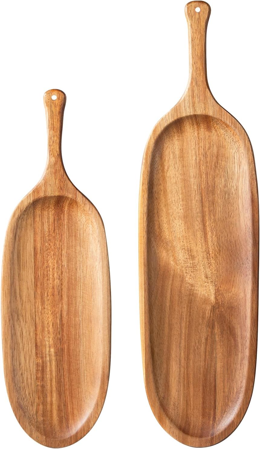 Wooden Serving Tray with Handle 2pcs Serving Plates for Meal Christmas Dinner Plates Wood Cheese Charcuterie Board for Food Meat Acacia Wood Platers for Bread Appetizer Snack(20.5