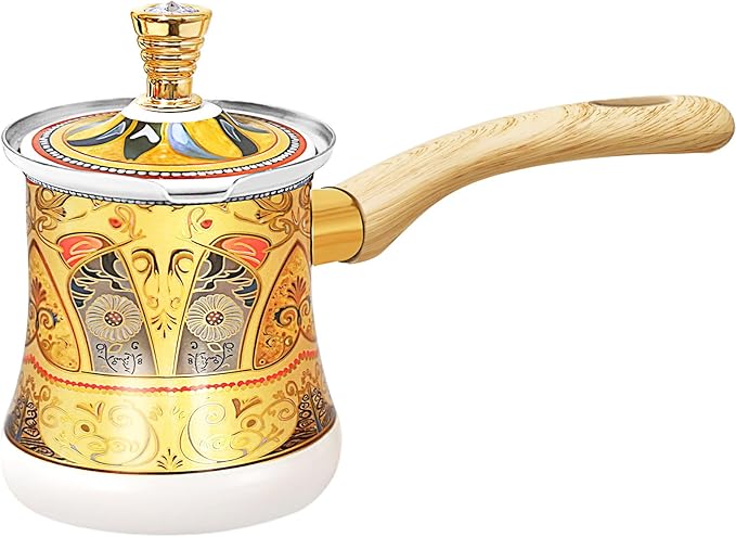 Turkish Arabic Coffee Pot with Wooden Handle,Stove Top Water Boiler, Coffee Maker, Butter, Chocolate & Milk Warmer,Even and Quick Heat with Handcrafted Metal Material (White and Gold)