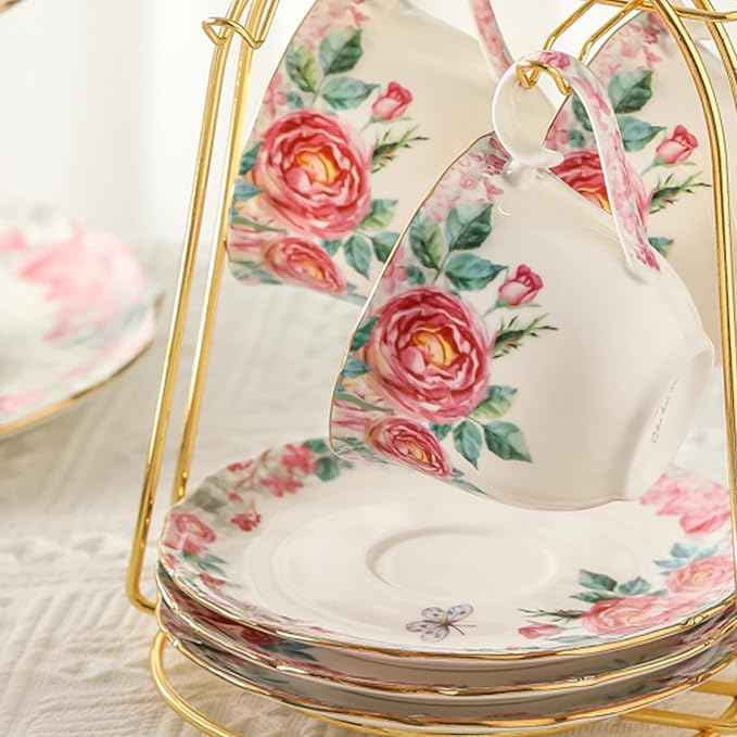 15 Piece Bone China Tea Cup Sets, Elegant Flower Painting Teapot Cup Saucer,Sugar Bowl Cream Pitcher Teaspoons for Tea/Coffee,Gifts Set for Adults.