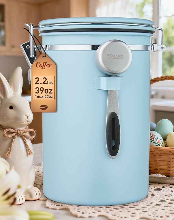 Veken Coffee Canister, 39OZ Large, Airtight Stainless Steel Food Storage Container for 2.2lbs Coffee Beans, Ground, Sugar, Tea, Cookie, Flour, Kitchen Bar Accessories with Date Tracker & Scoop, Blue