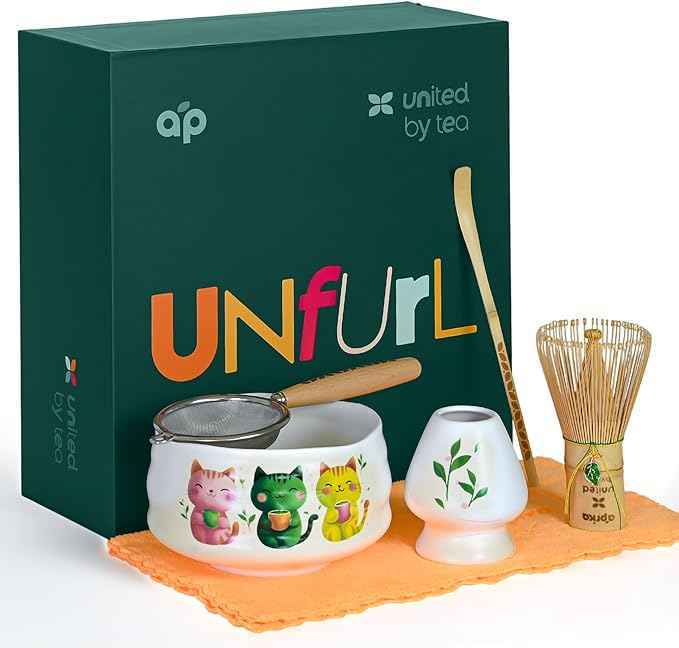 Matcha Gift Set 6 Pcs – Ceramic Bowl, Bamboo Whisk, Whisk Holder, Scoop, Sifter & Cloth – Traditional Japanese Set for Green Tea by Aprika Matcha (White with Cats)