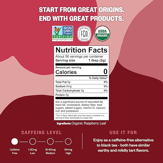 FGO Organic Red Raspberry Loose Leaf Herbal Tea, Cut and Sifted, Caffeine Free, Resealable Bag, 4oz (Pack of 1)