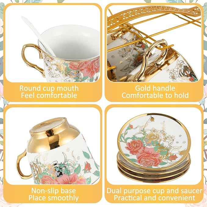 22 Pcs Vintage Porcelain Tea Set with Metal Stand, Ceramic Vintage Floral Tea Set for 6, European Style Teapot and Cups, Afternoon Service for Women Mom, Mothers Day Gift(White Rose Floral)