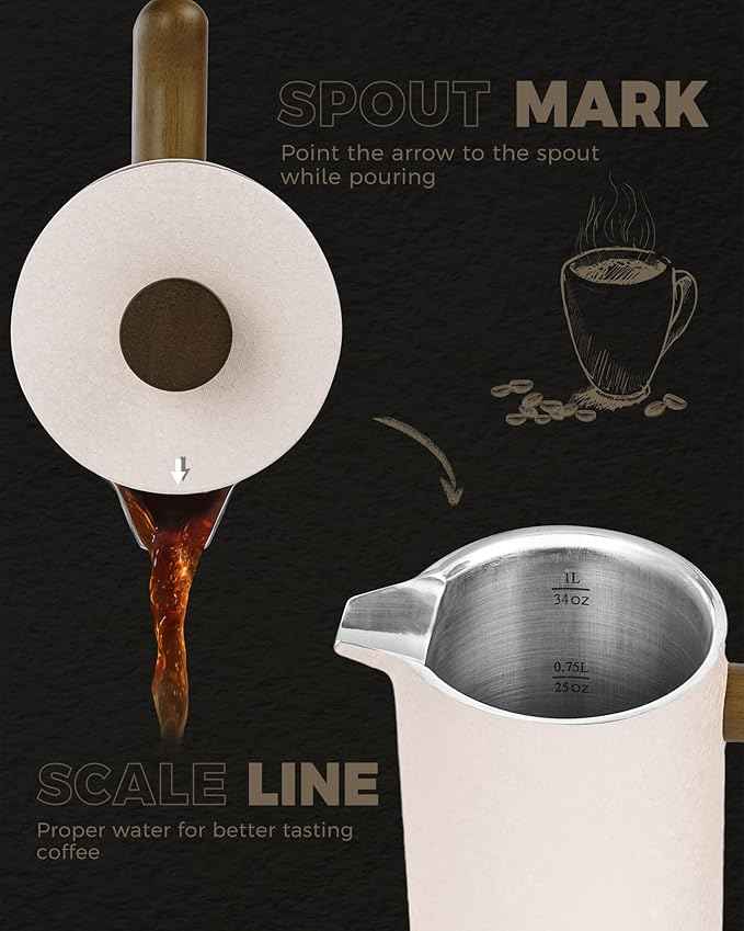 POLIVIAR French Press Coffee Maker, 34 Ounce Coffee Press with Real Wood Handle, Double Wall Insulation & Dual-Filter Screen, Food Grade Stainless Steel for Good Coffee and Tea JX2023-FPLM