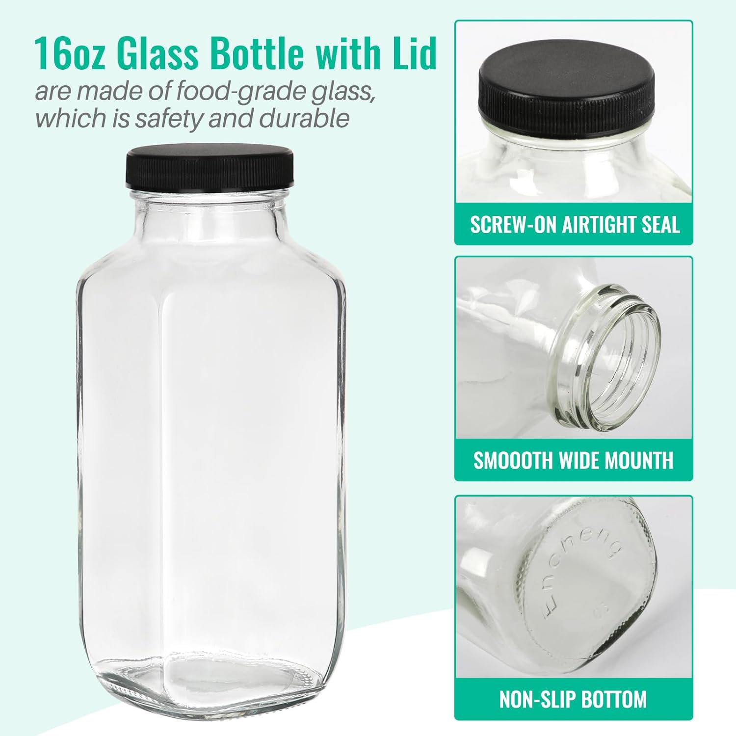 16 oz Glass Juice Bottles with Lids 3 Pack, Reusable Glass Drink Bottles,500ml Water Drinking Bottle for Milk,Juicing,Kombucha,Ginger,Beverage Glassware,Juice Drinking Jars