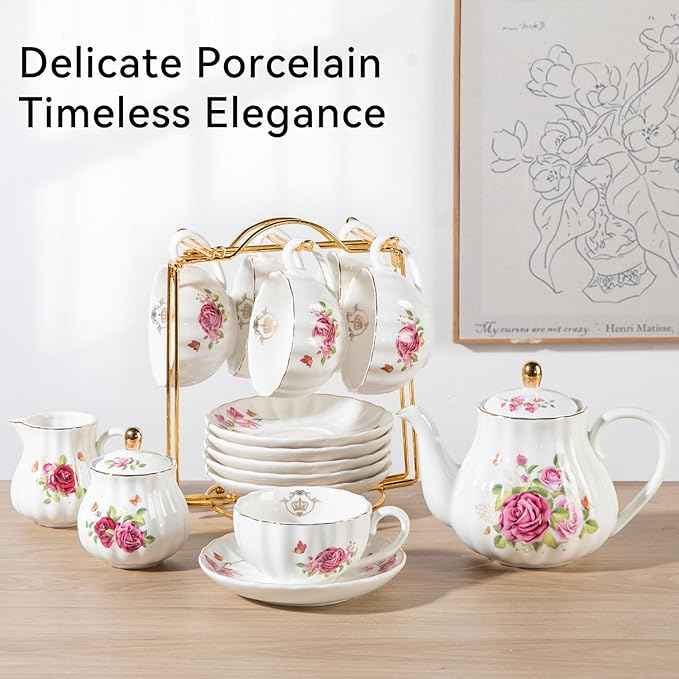 Porcelain Tea Sets British Royal Series, 8 OZ Cups & Saucer Service for 6, with Teapot Sugar Bowl Cream Pitcher Teaspoons and Tea Strainer, Suitable for High Tea, Wedding, Party (Midsummer Rose)