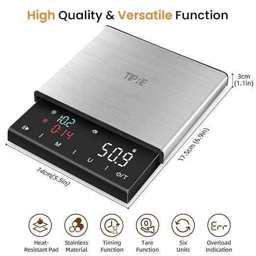 Coffee Scale with Timer, 0.1g High Precision Espresso Scale, Pour Over Coffee Weight Scale Rechargeable Coffee Scale for Espresso with Color LED Display, Touch Sensor, Silicone Cover