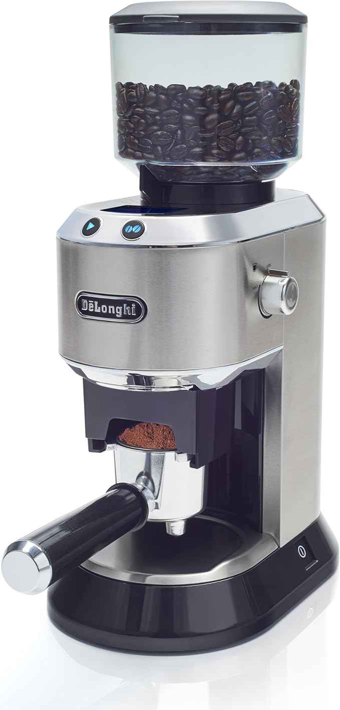 De'Longhi Dedica Conical Burr Grinder with Portafilter Attachment, 6.9 x 11.2 x 18.1 inches, Silver