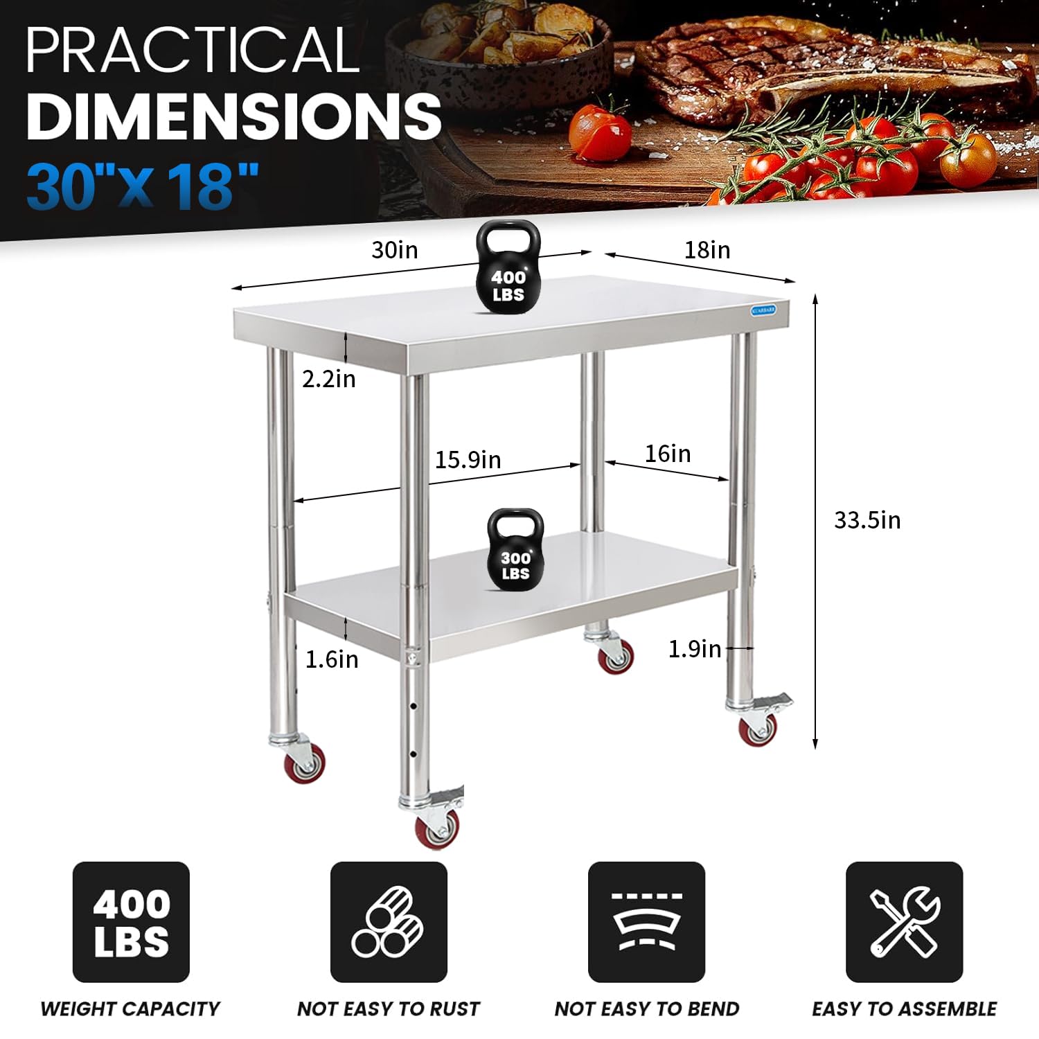 Stainless Steel Table with Wheels 30 x 18 Inch NSF Commercial Stainless Steel Metal Prep Table for Restaurant Kitchen Garage