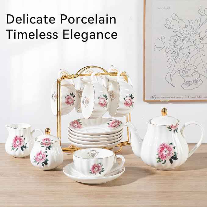 Sweejar Porcelain Tea Sets British Royal Series, 8 OZ Cups & Saucer Service for 6, with Teapot Sugar Bowl Cream Pitcher Teaspoons and Tea Strainer, Suitable for High Tea, Wedding, Party