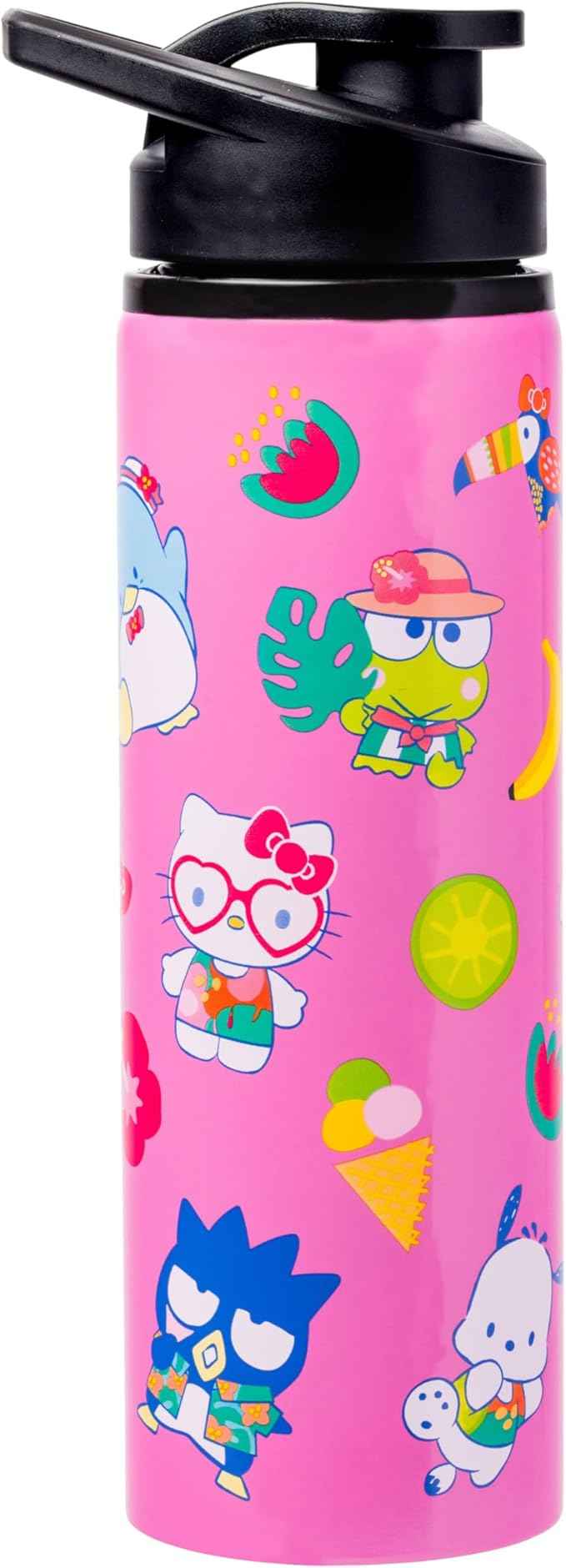 Silver Buffalo Sanrio Hello Kitty and Friends Tropical Stainless Steel Water Bottle Featuring Keroppi, Tuxedo Sam, Badtz-Maru, and Pochacco, 25 Ounces (Pack of 12)