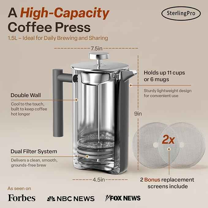 Stainless Steel French Press Coffee Maker 1.5 L (51 oz) Grey – Double Walled Insulated Large Coffee Press, Durable Design Keeps Drinks Hot, Easy to Use and Clean for Rich Flavor Brewing