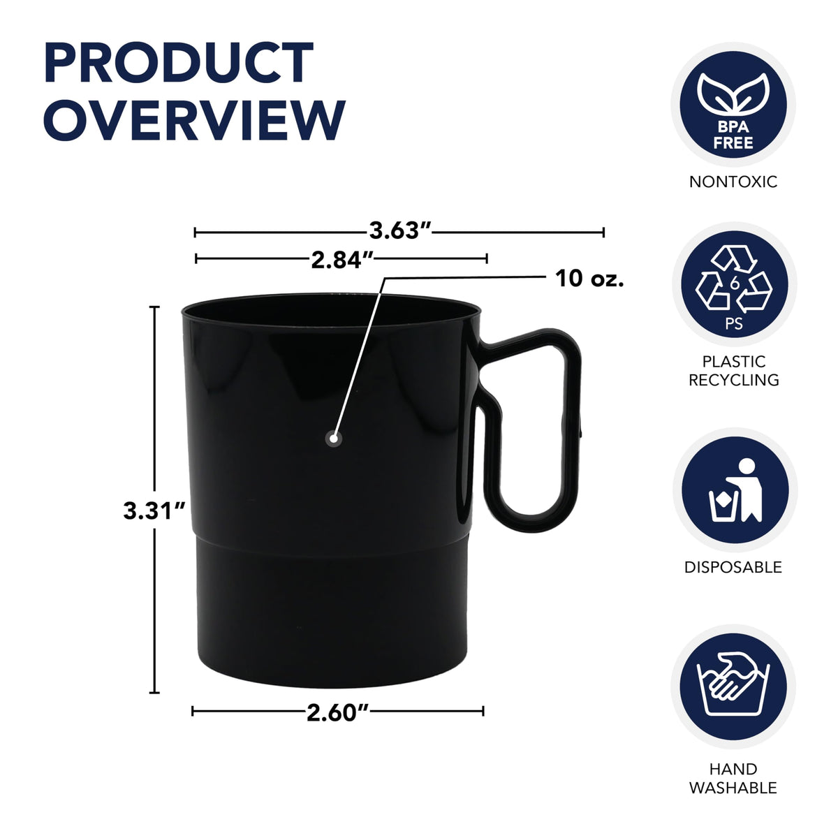 Case of 40 black plastic tea mugs with handles