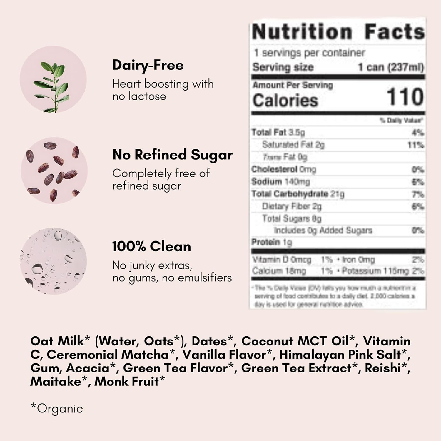 Pop & Bottle, Oat Milk Lattes - Matcha with Reishi and Maitake Mushrooms, Green Tea Latte, MCT Oil, Organic, Dairy Free, Gluten Free, Lightly Sweetened with Dates - Matcha, 8 Fl Oz (12 Pack)