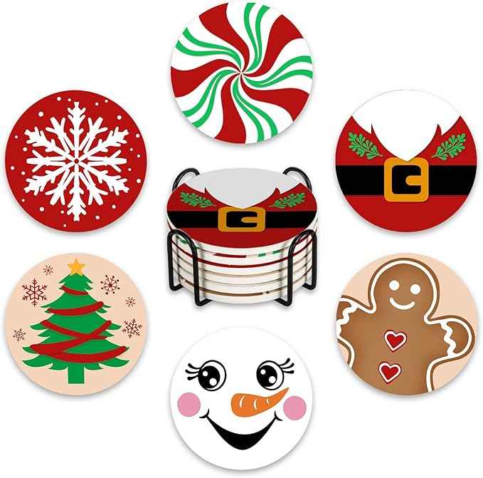 Christmas Cute Drink Coasters with Holder Set of 6, Xmas Tree Santa Claus Absorbent Ceramic Cup Mat for Coffee Table Protection, 4 Inches Winter Holiday Home Kitchen Decor Housewarming Gifts