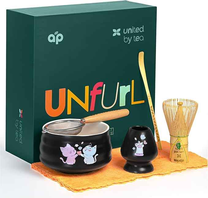 Matcha Gift Set 6 Pcs – Ceramic Bowl, Bamboo Whisk, Whisk Holder, Scoop, Sifter & Cloth – Traditional Japanese Set for Green Tea by Aprika Matcha (Black with Cats)