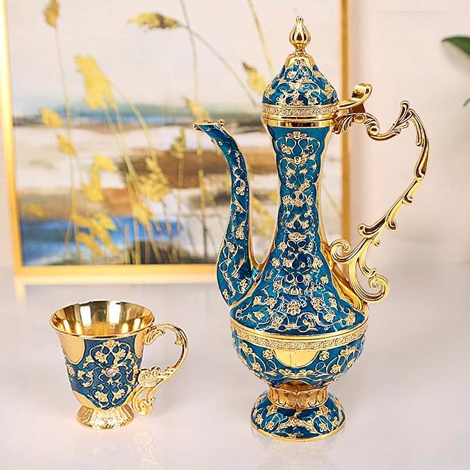 Turkish Coffee Cup and Tea Pot Set Including Teapot,Tea Tray,6 Metal Cups,Tea Service Set for Tea Table Decor,Hip Flask (Blue and Gold)