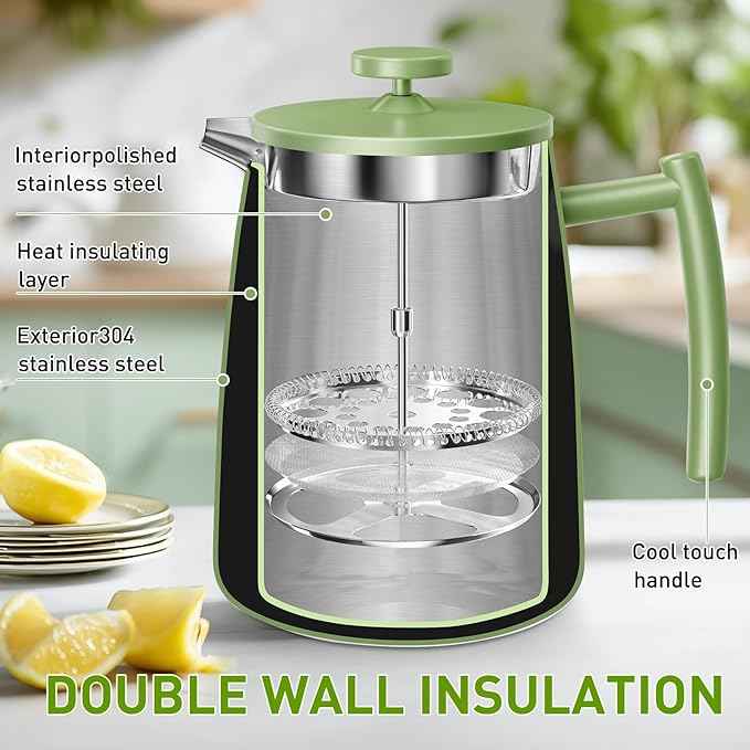 Secura 50oz French Press Coffee Maker – 304 Stainless Steel, Insulated Coffee Press with Extra Filter, Green