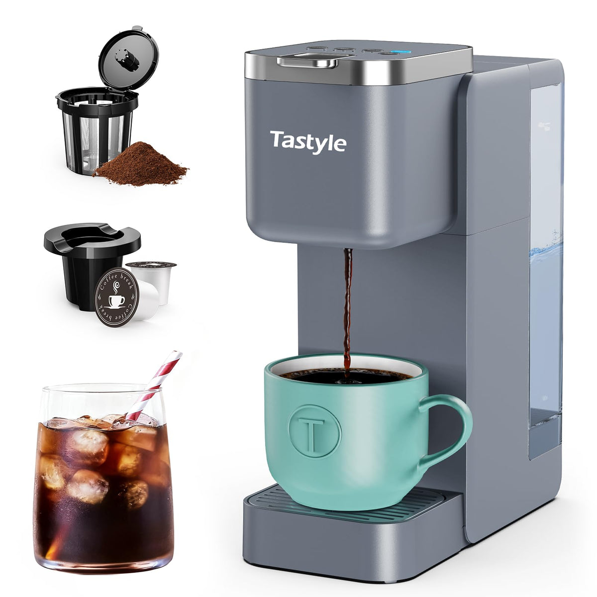 Gray single serve coffee maker with removable water reservoir