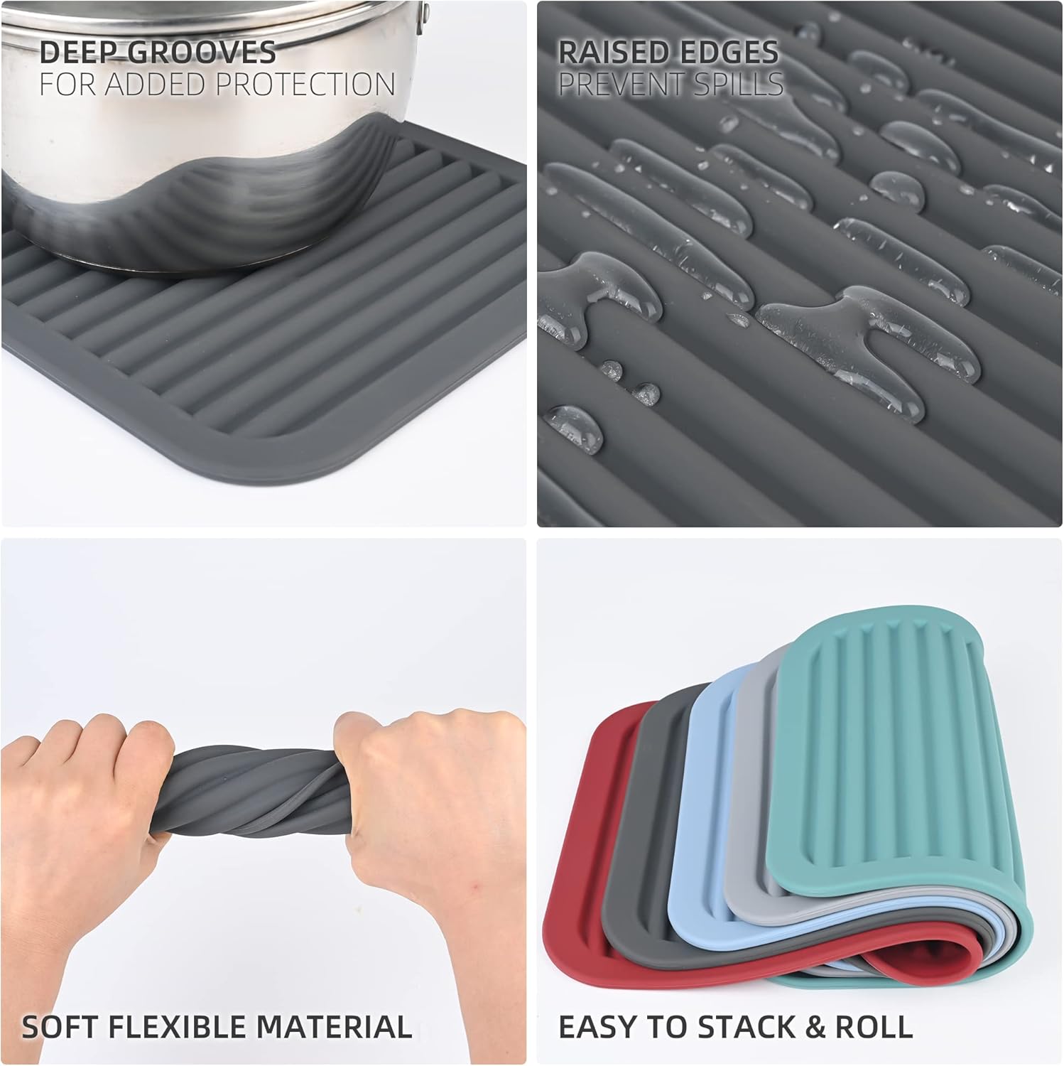 Silicone Trivets for Hot Dishes, Pots & Pans, Hot Pads for Kitchen, Trivets for Quartz Countertops, Hot Pads Silicone Mats for Kitchen Counter,Pot Holders Trivet Mat Set 2, Dark Grey