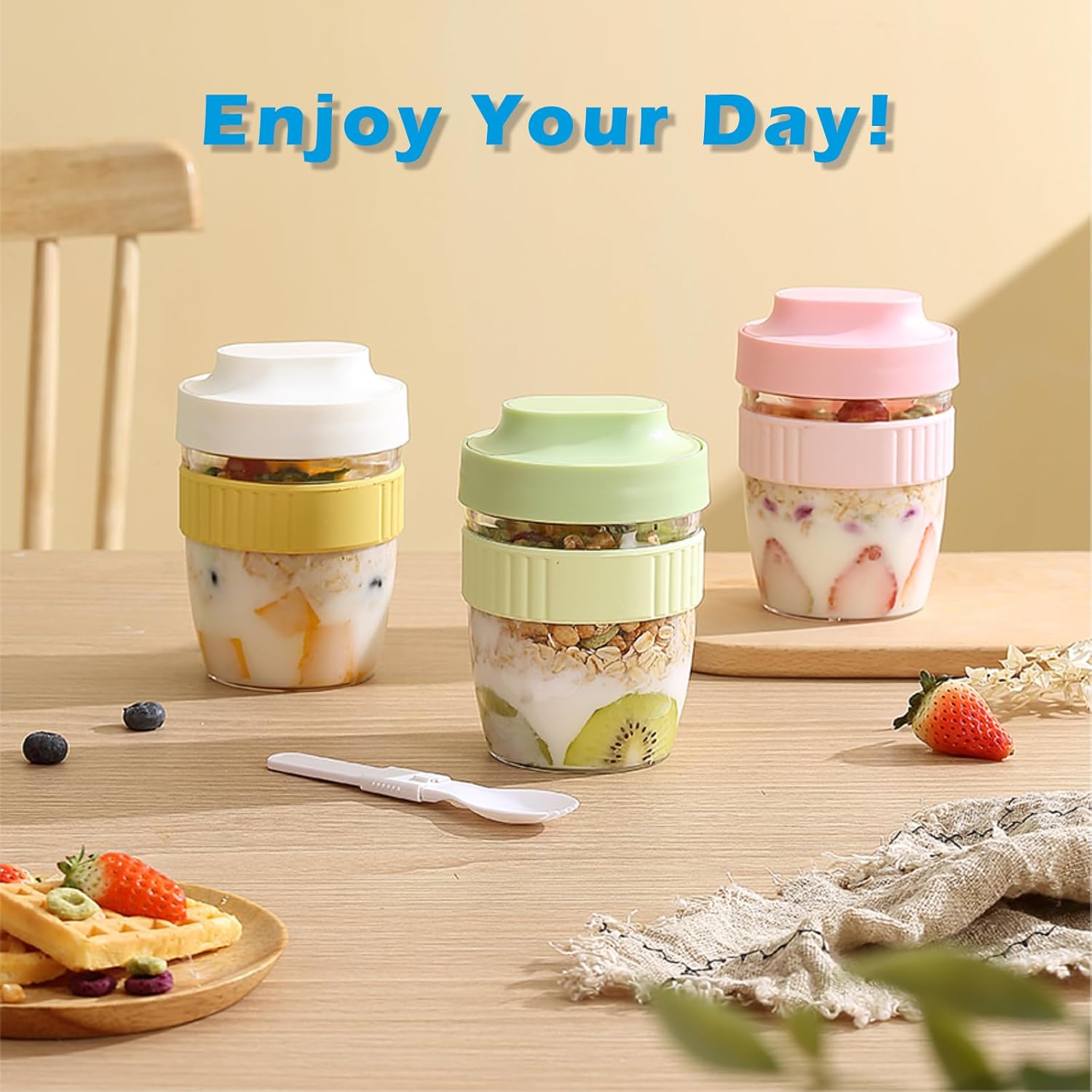 Breakfast On The Go Cups, Overnight Oats Containers With Lid And Folding Spoon, Take And Go Yogurt Cereal Snack Parfait Salad Containers For Lunch, Fruit & Vegetable Jar, 20 oz(Green) - Blissbrew