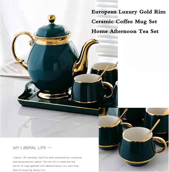 Tea Cups and Tray Set of 14 Pieces,Luxury Set with Teapot, Afternoon Tea Coffee Cups with Ceramic Tray, British Porcelain Tea Party Set for Kitchen,B
