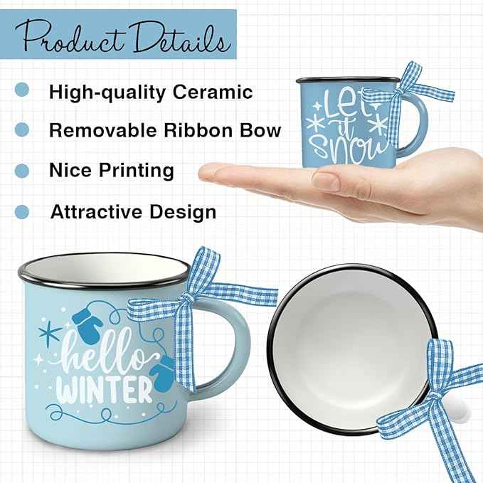 Hello Winter Snowman Mini Coffee Mug Set of 3, Let It Snow Glove Snowflake 5 oz Mini Coffee Cups Tiered Tray Decor, Blue Christmas Holiday Kitchen Coffee Bar Decorations Housewarming Gift